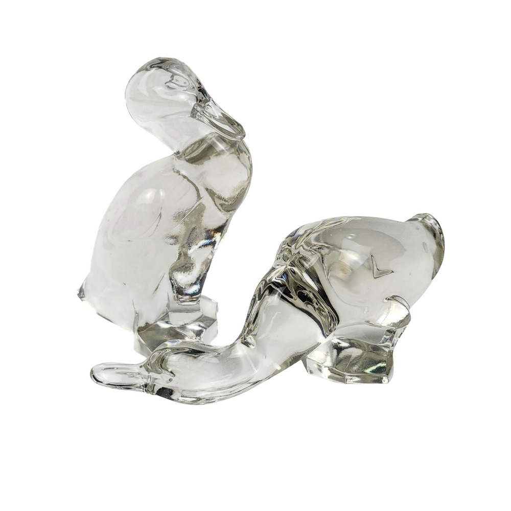 HTF Vintage MCM Viking Art Glass Crystal Epic Fighting Duck Set 2pc Clear